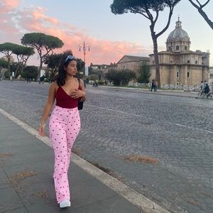 High waisted pink with red heart pants